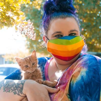 kitten-and-woman-in-pride-mask-4x6